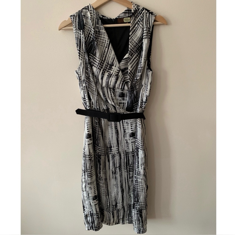 Eva Franco • 6 • Draped Neck Sleeveless Belted Abstract Tweed Print Dress